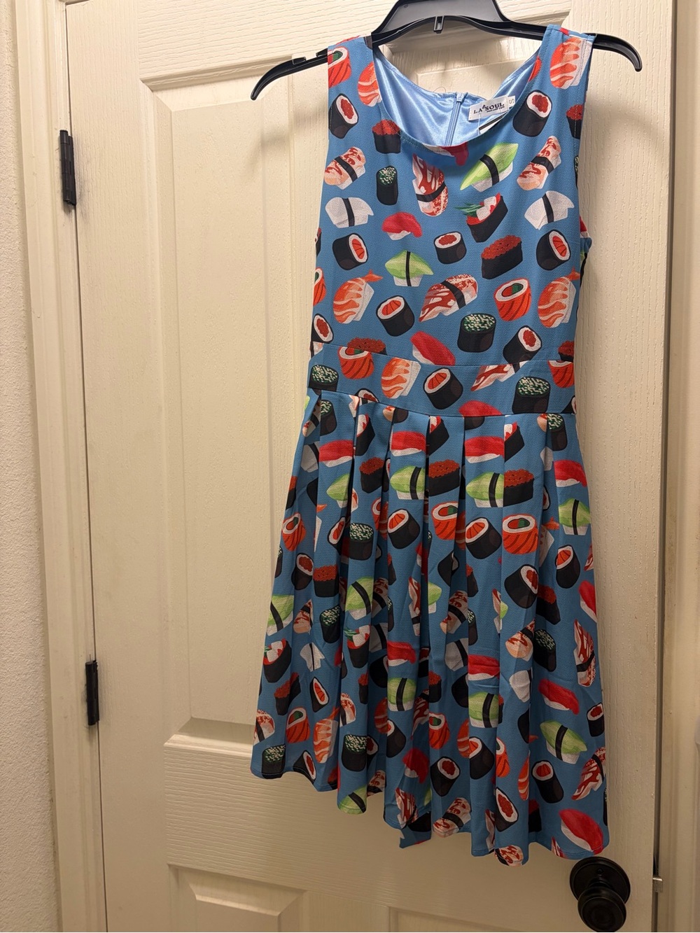 Blue Sushi Print Sleeveless Fit & Flare Dress